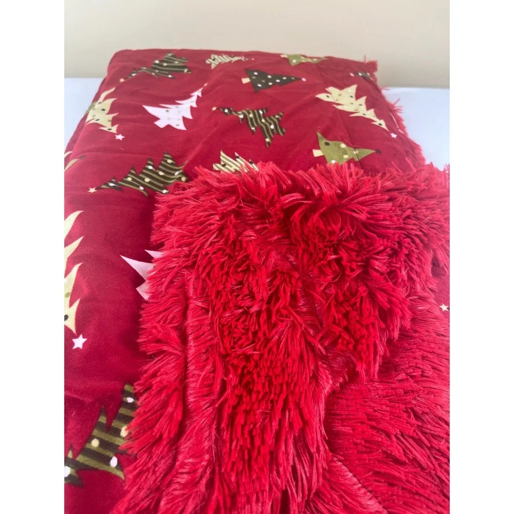 Marlo Lorenz Red Christmas Trees Fringe Faux Fur Backing Micromink Throw Blanket